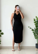 Size S-M, Black Halter Neck Midi Dress - Closet by Payal