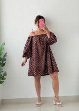 Size XS-S Brown Polka Dot Off-Shoulder Dress