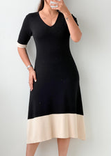 S-M Black & Cream Colorblock Midi Dress