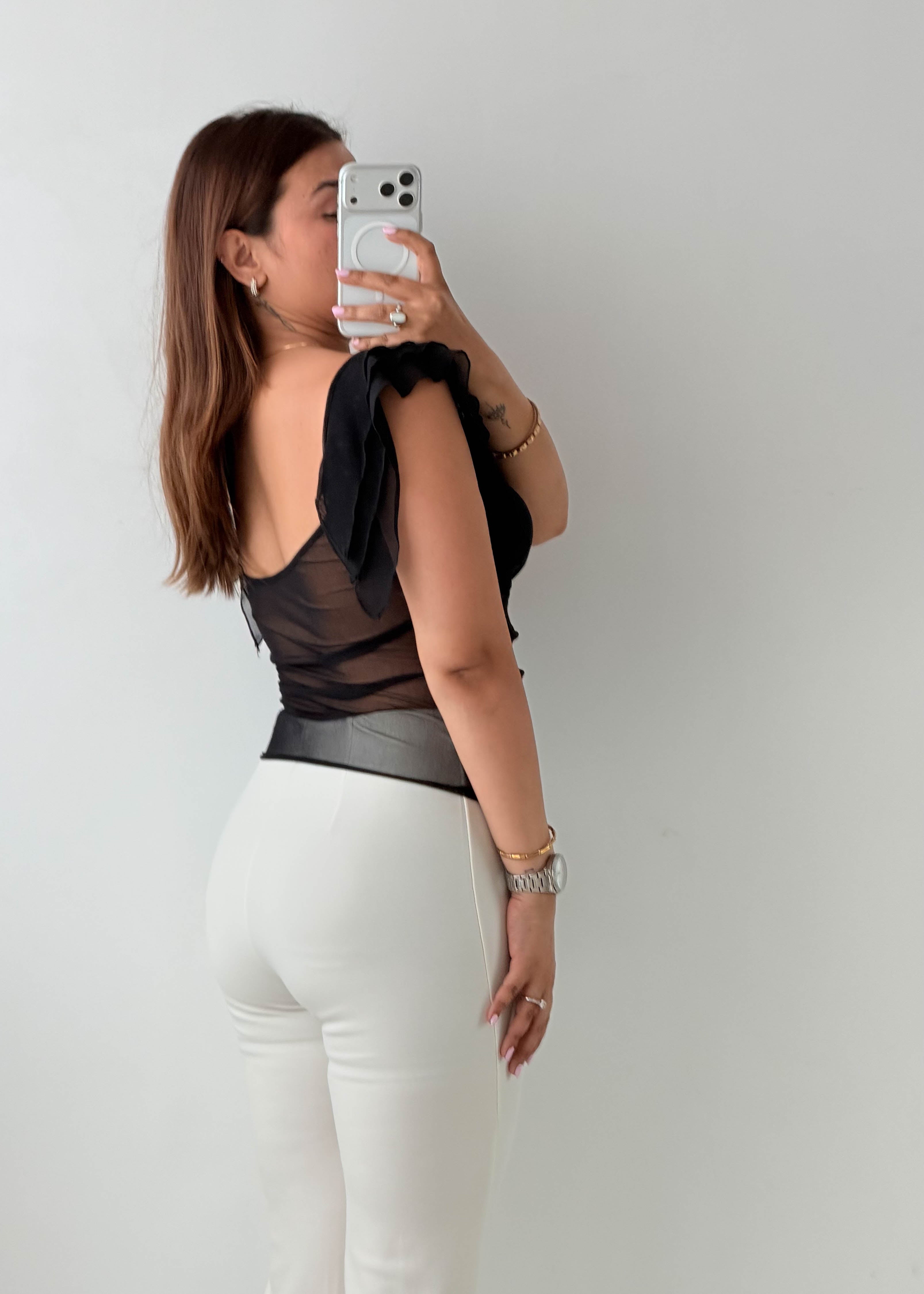 Size XS-S Black Ruched Flutter Sleeve Top