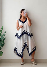 Size M-L White & Navy Asymmetrical Midi Dress