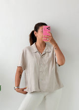 Size M-L Beige Linen Blend Short Sleeve Shirt