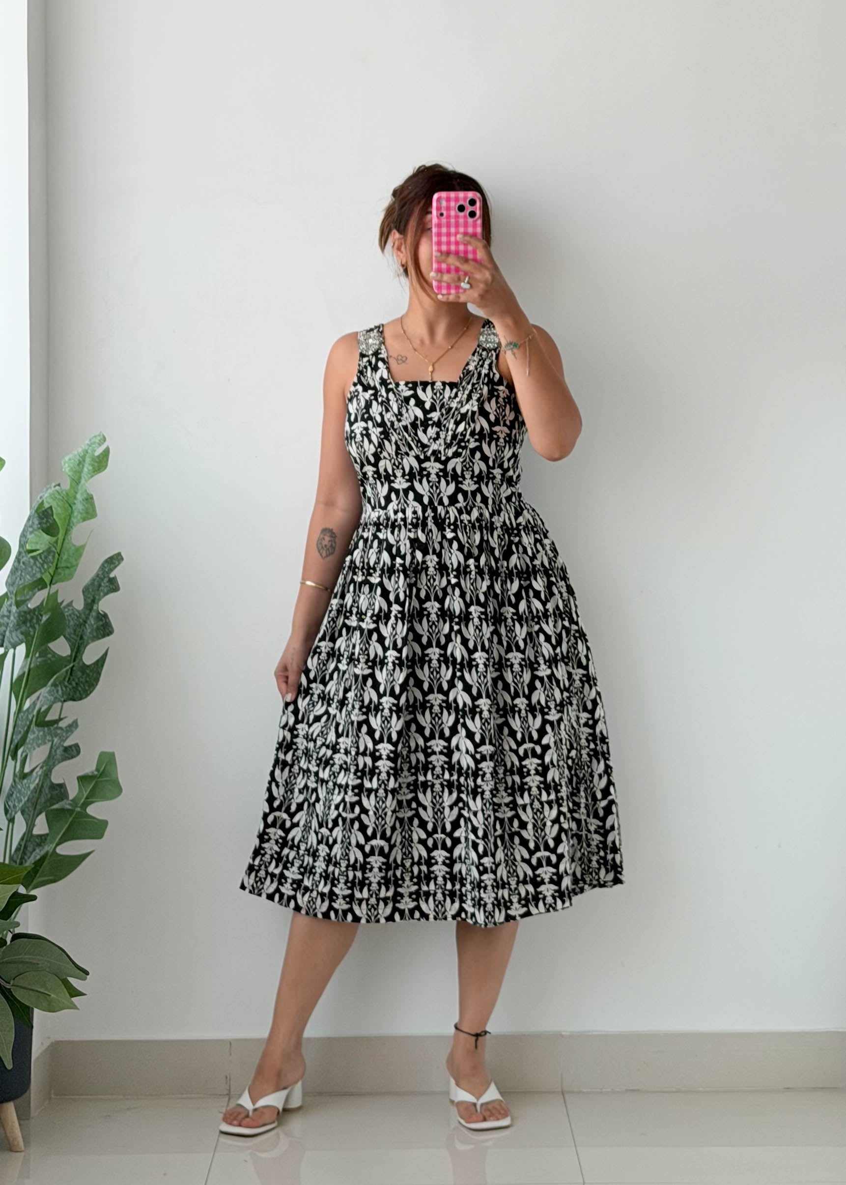 Size S-M Black Floral Smocked Midi Dress