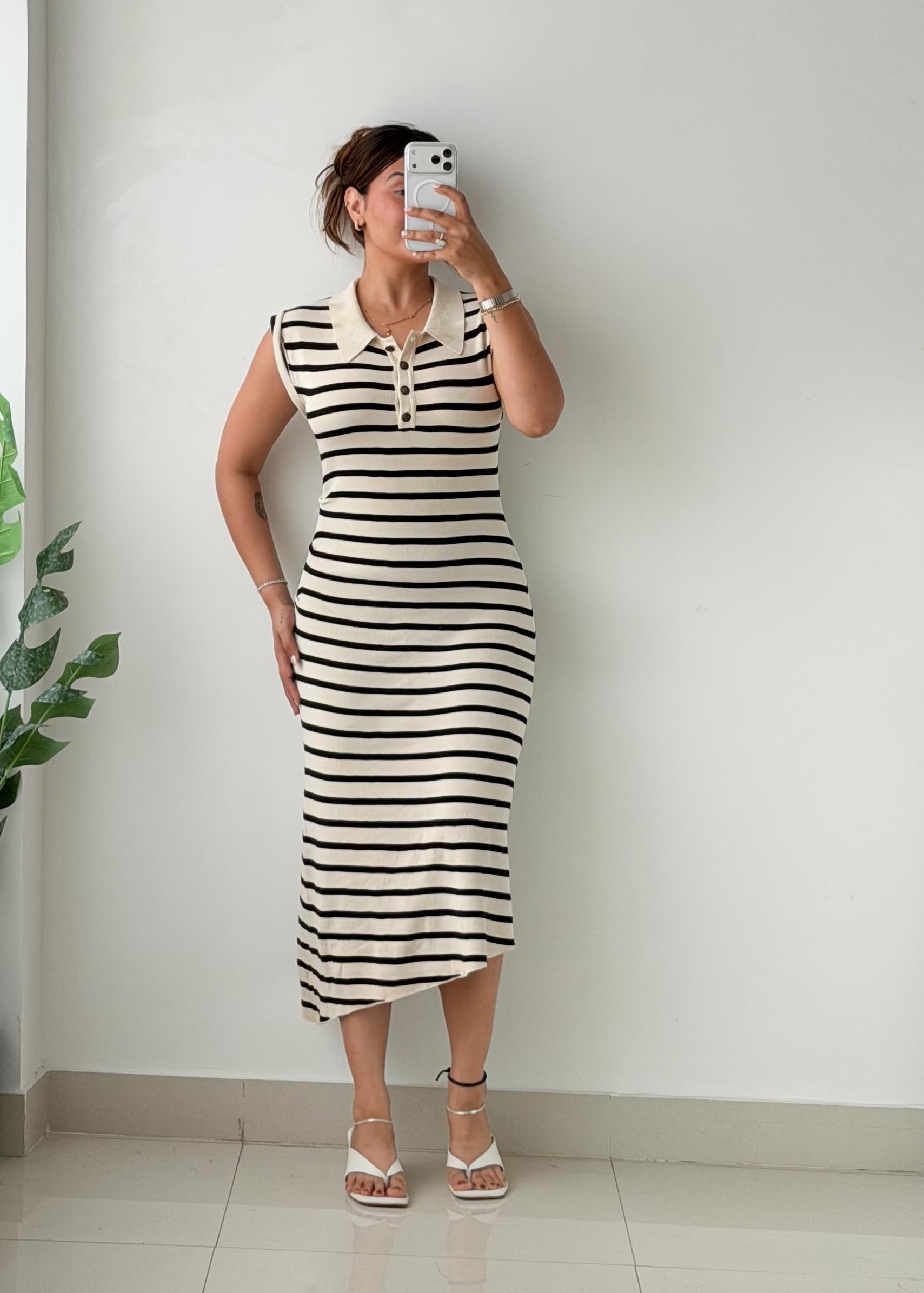 Size S-M Black & White Striped Polo Midi Dress