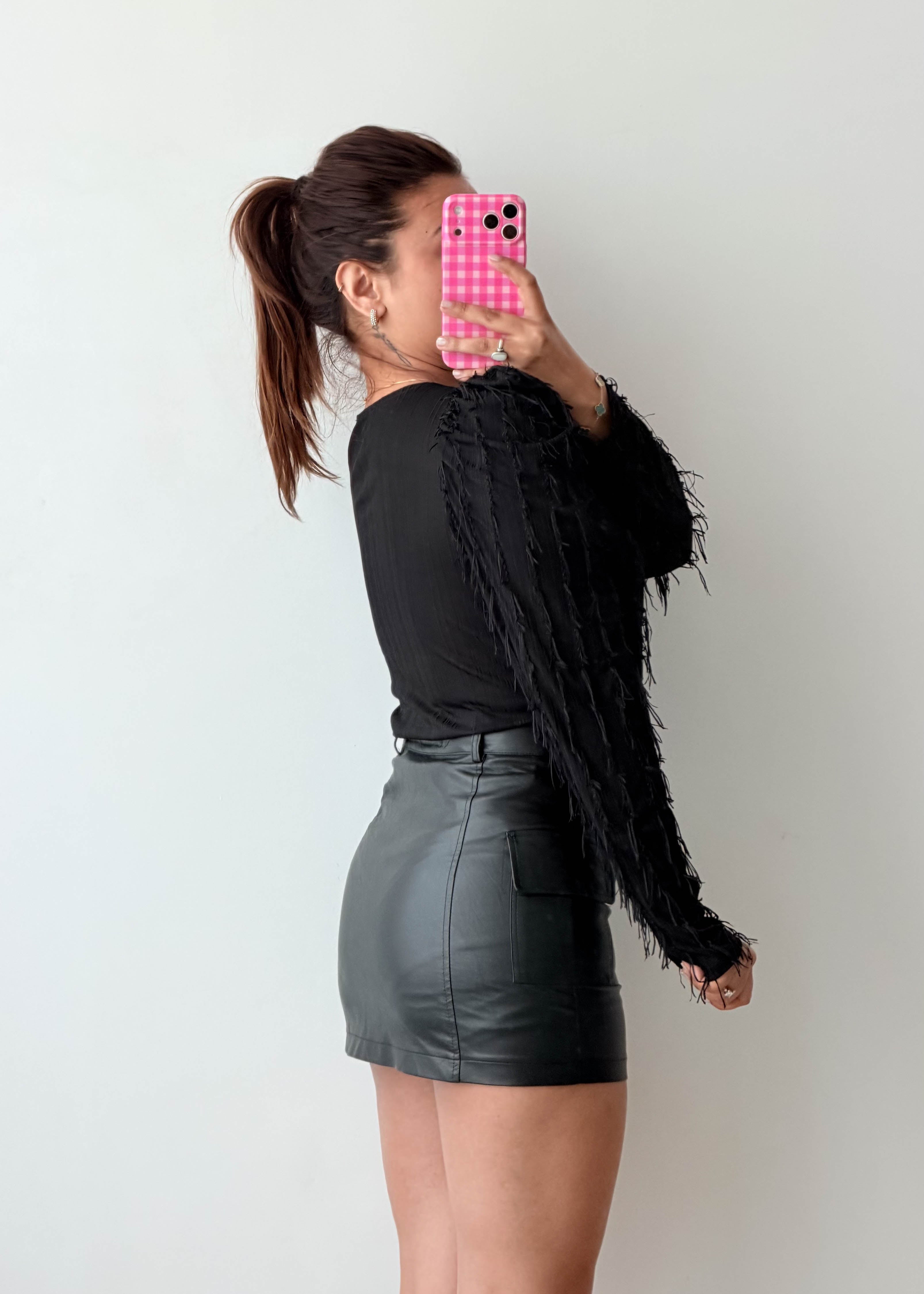 Size M-L Black Fringe Sleeve Bodysuit