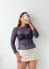 Size XS-S Navy Floral Mesh Top