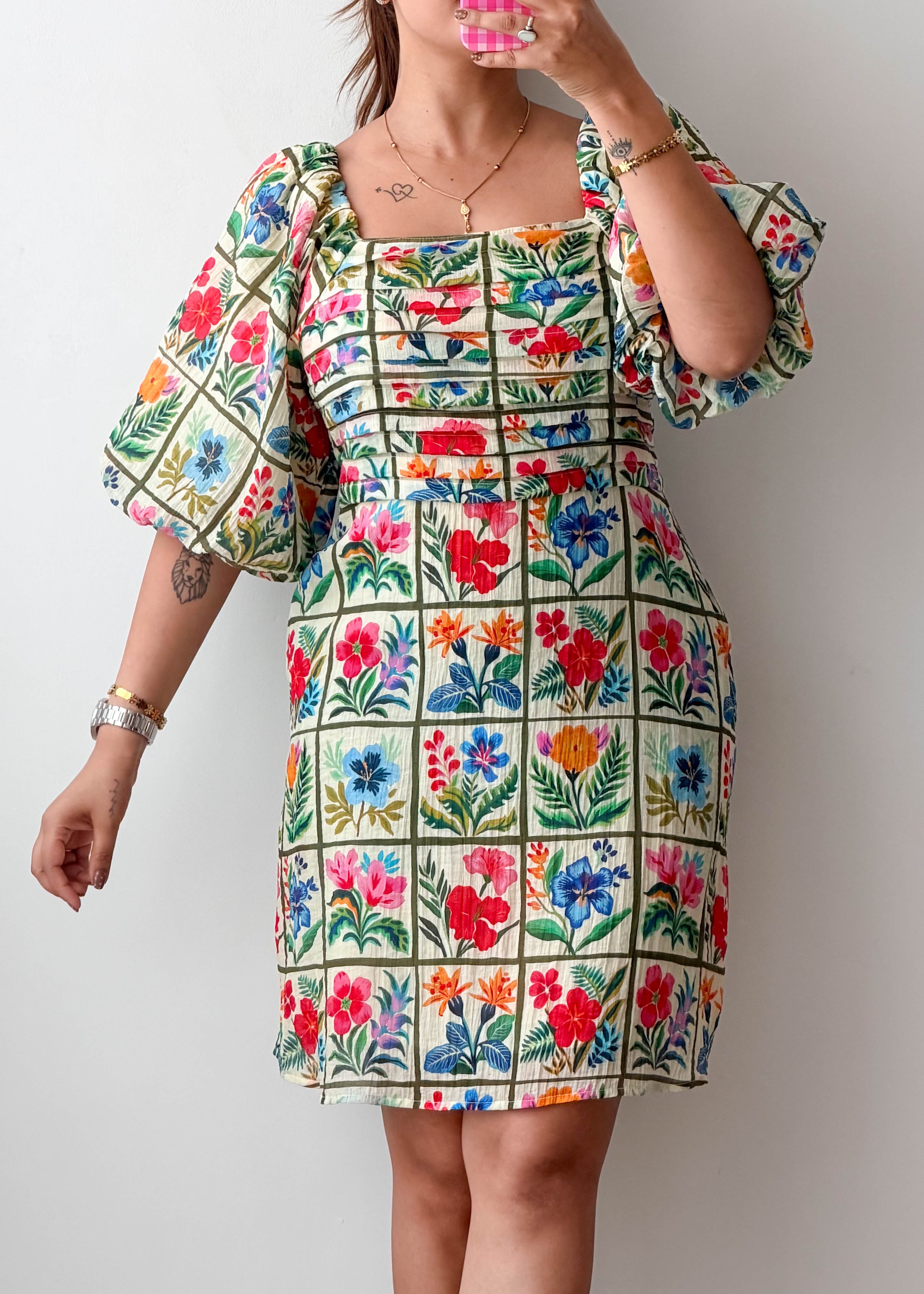 Size XXL Multicolor Floral Grid Print Puff Sleeve Dress