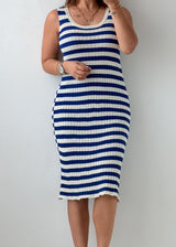 Size M-L Blue Stripe Ribbed Midi Dress