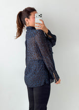 Size S-M Navy Animal Print Ruffle Blouse