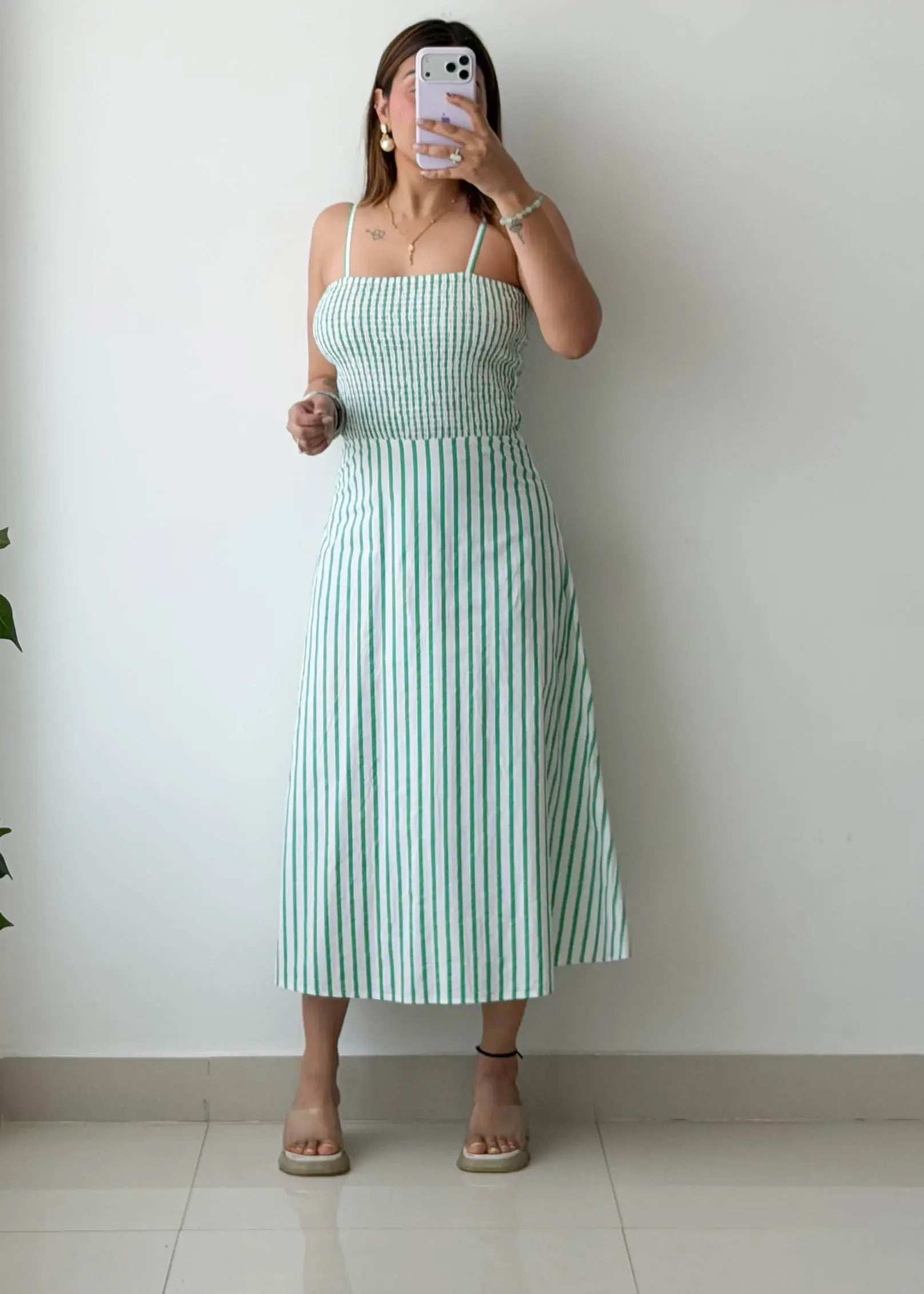 Size S, Green Striped Midi Dress