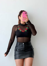 Size XS-S Black Embroidered Mesh Bodysuit