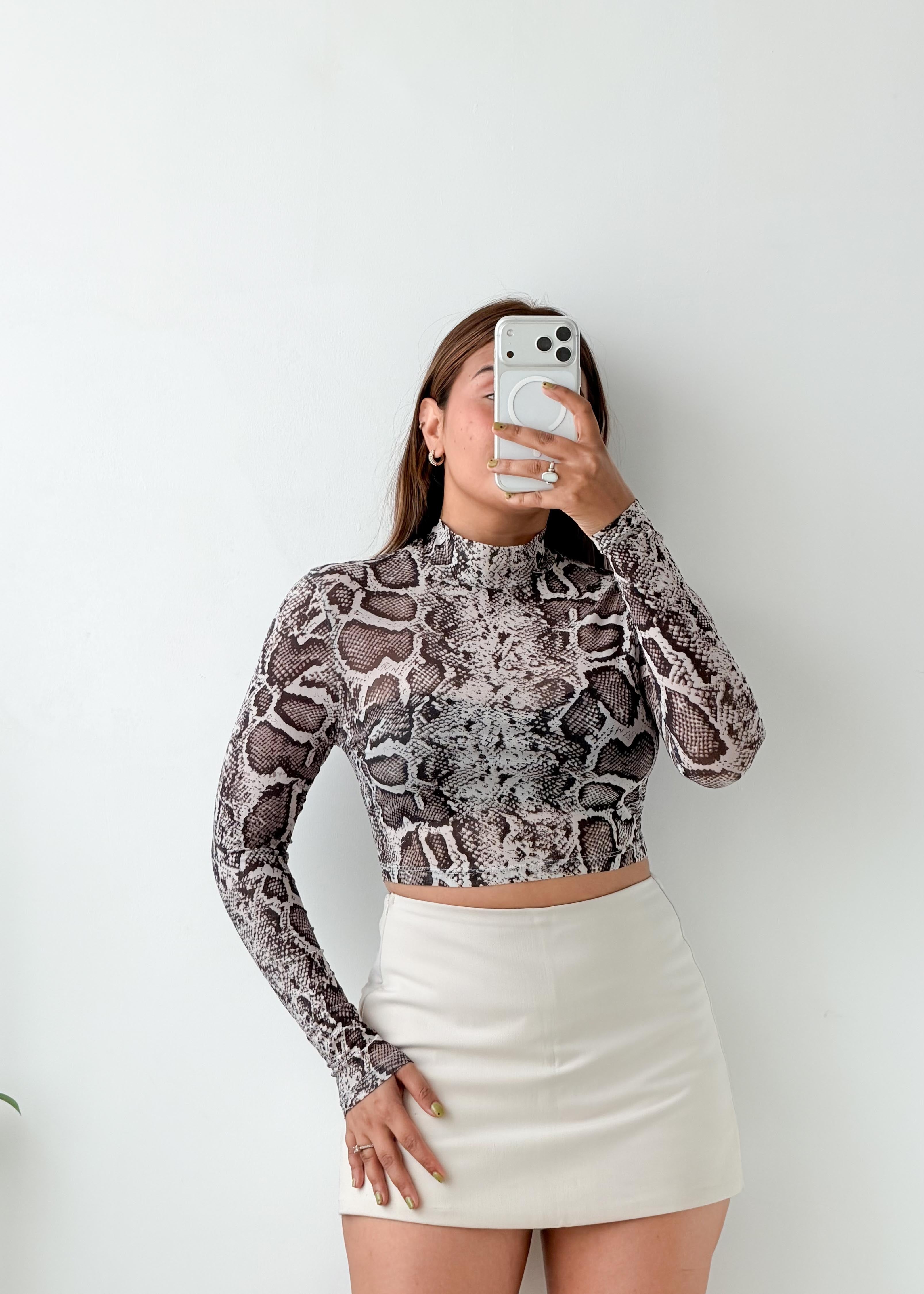 Size XS-S Brown Snake Print Mesh Top