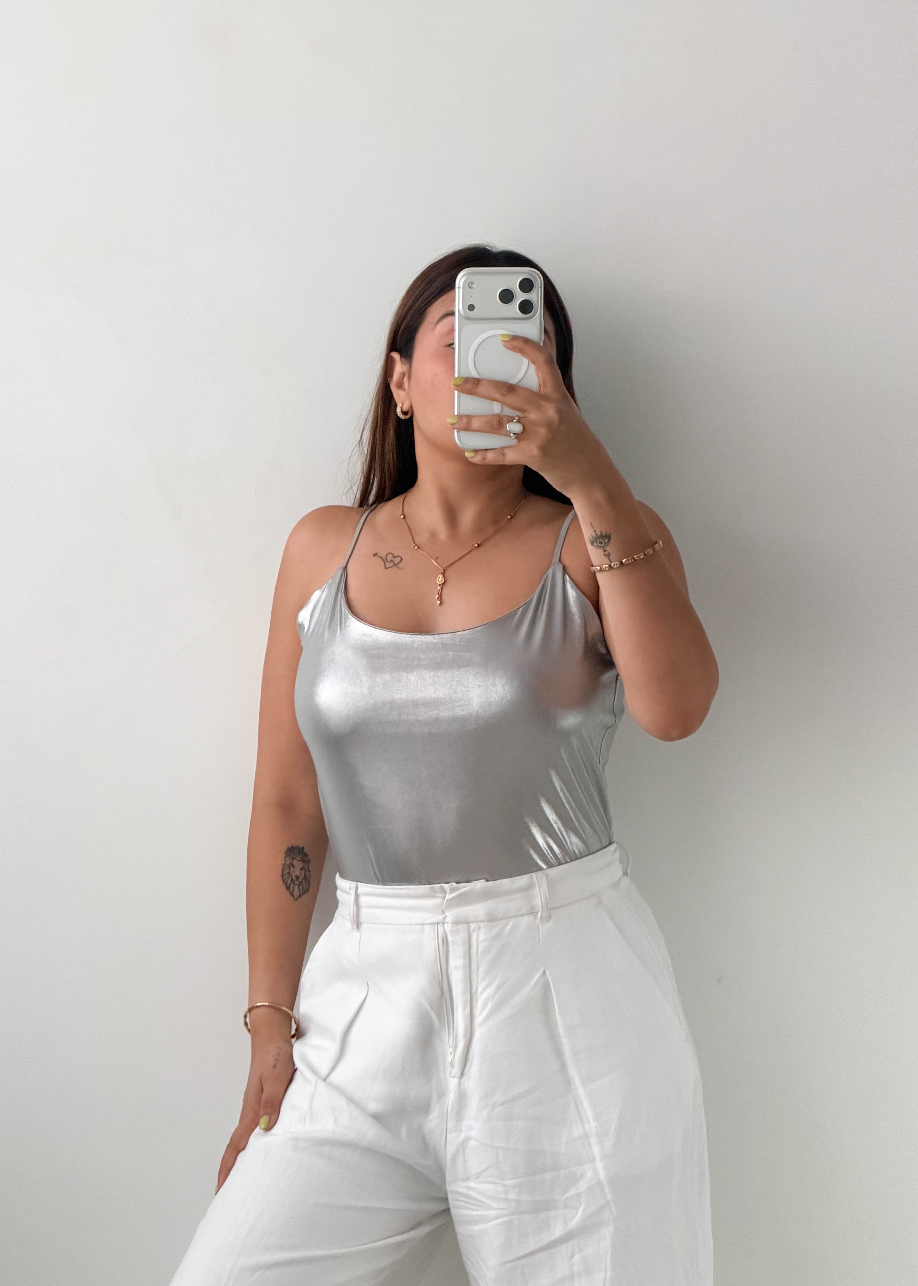 Size M-L Silver Metallic Cami Bodysuit