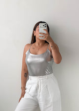 Size M-L Silver Metallic Cami Bodysuit