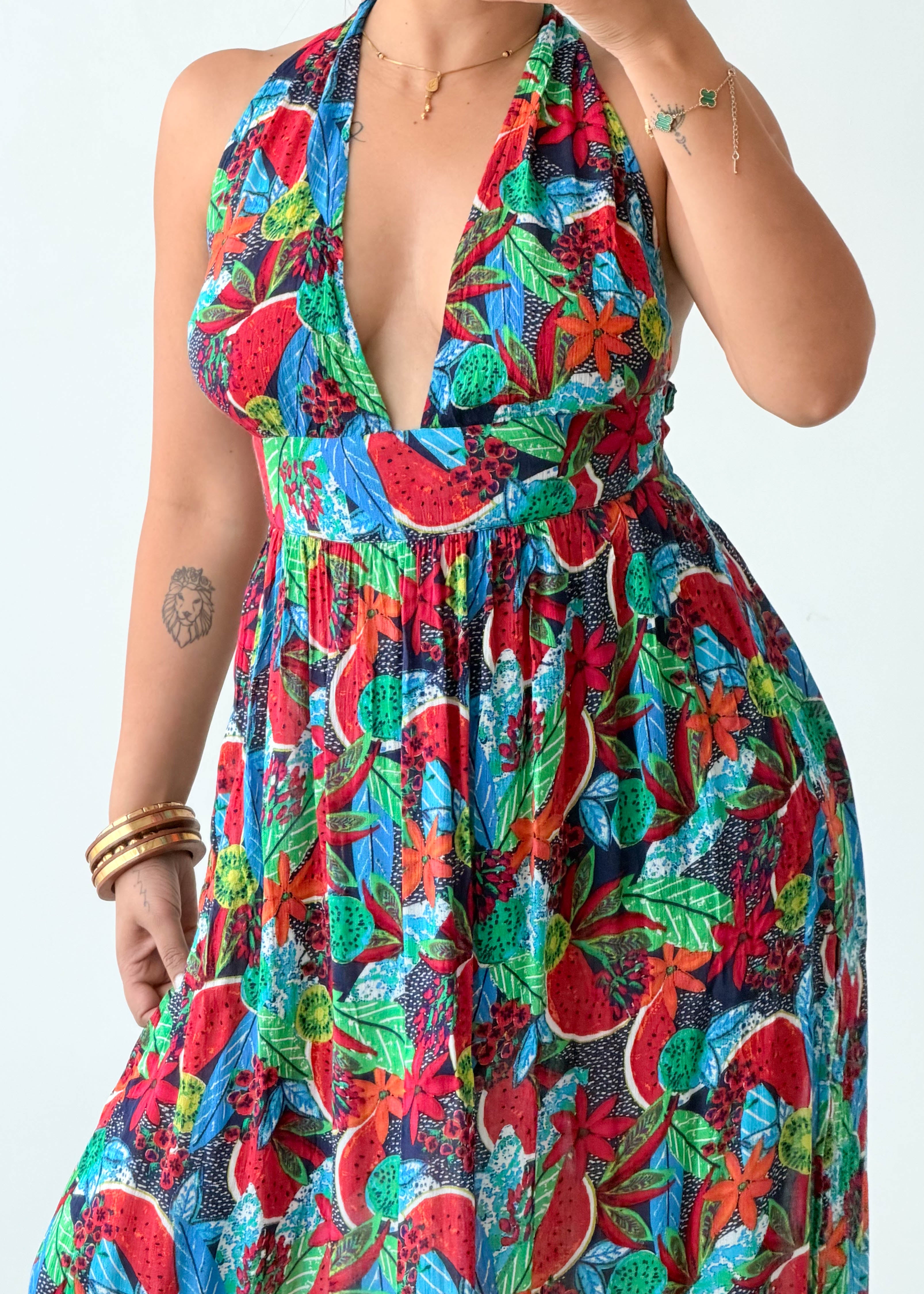 Size XS-M Multicolor Tropical Halter Maxi Dress