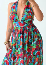 Size XS-M Multicolor Tropical Halter Maxi Dress