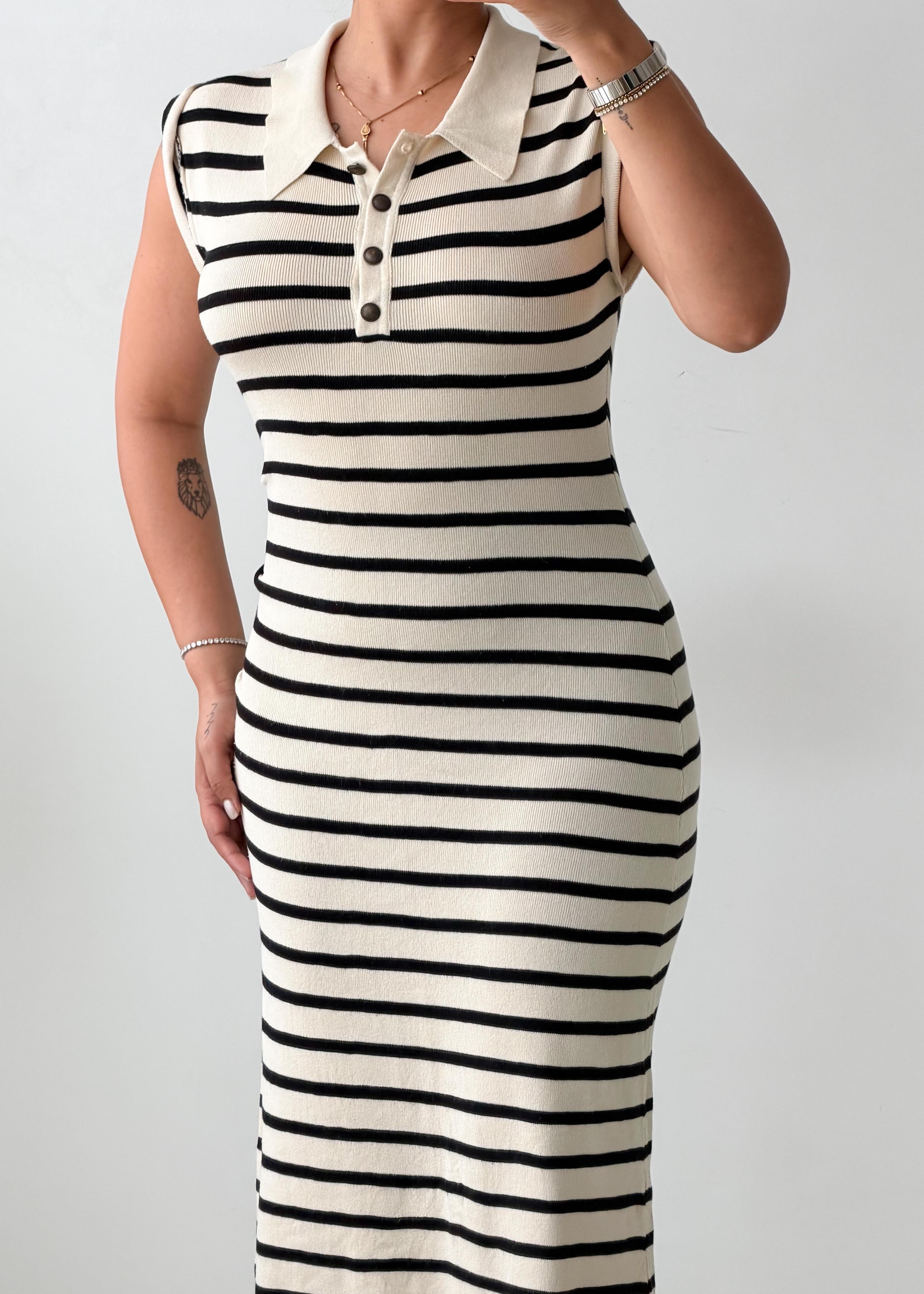 Size S-M Black & White Striped Polo Midi Dress