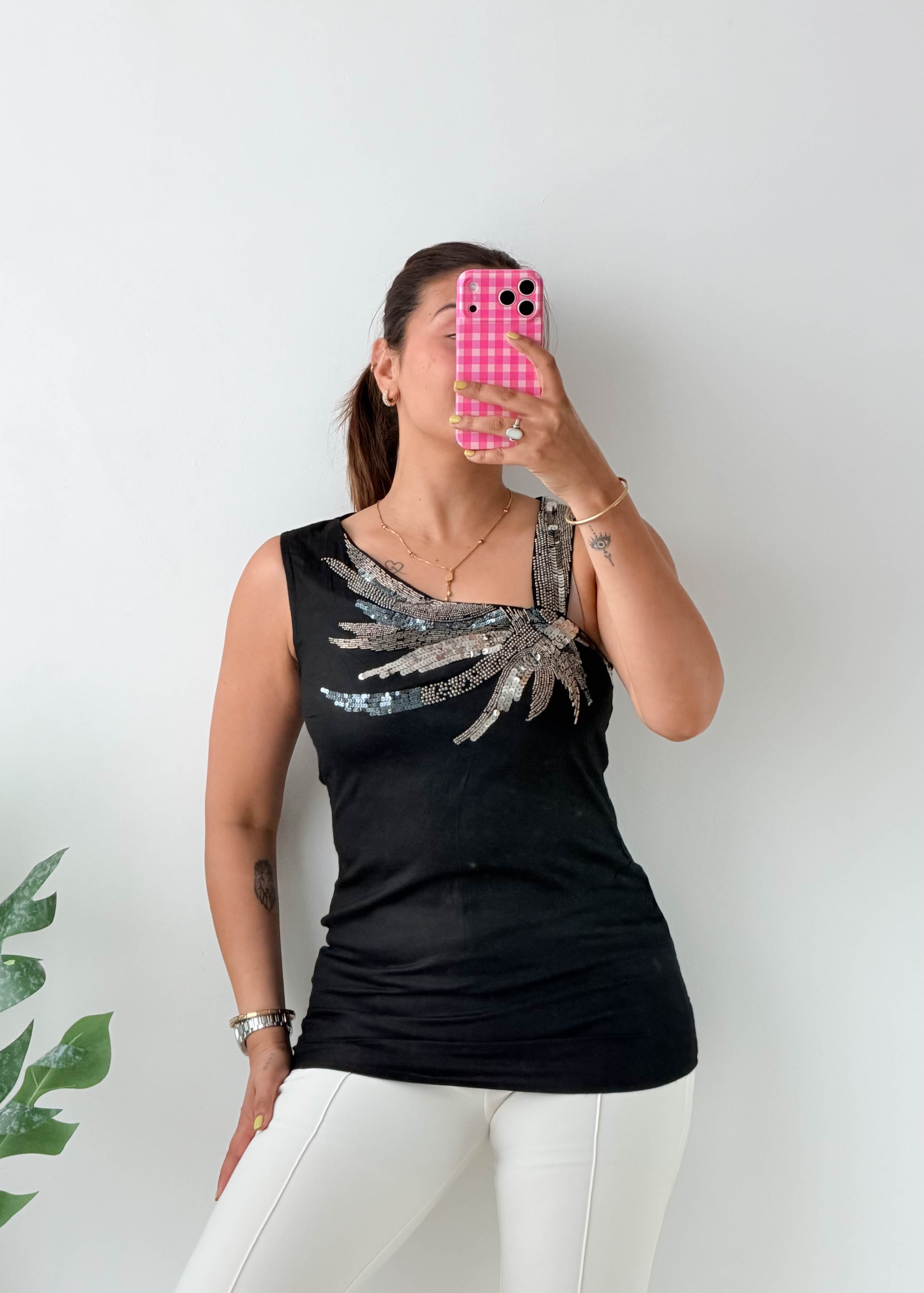 Size XS-S Black Sequin Palm Tank Top