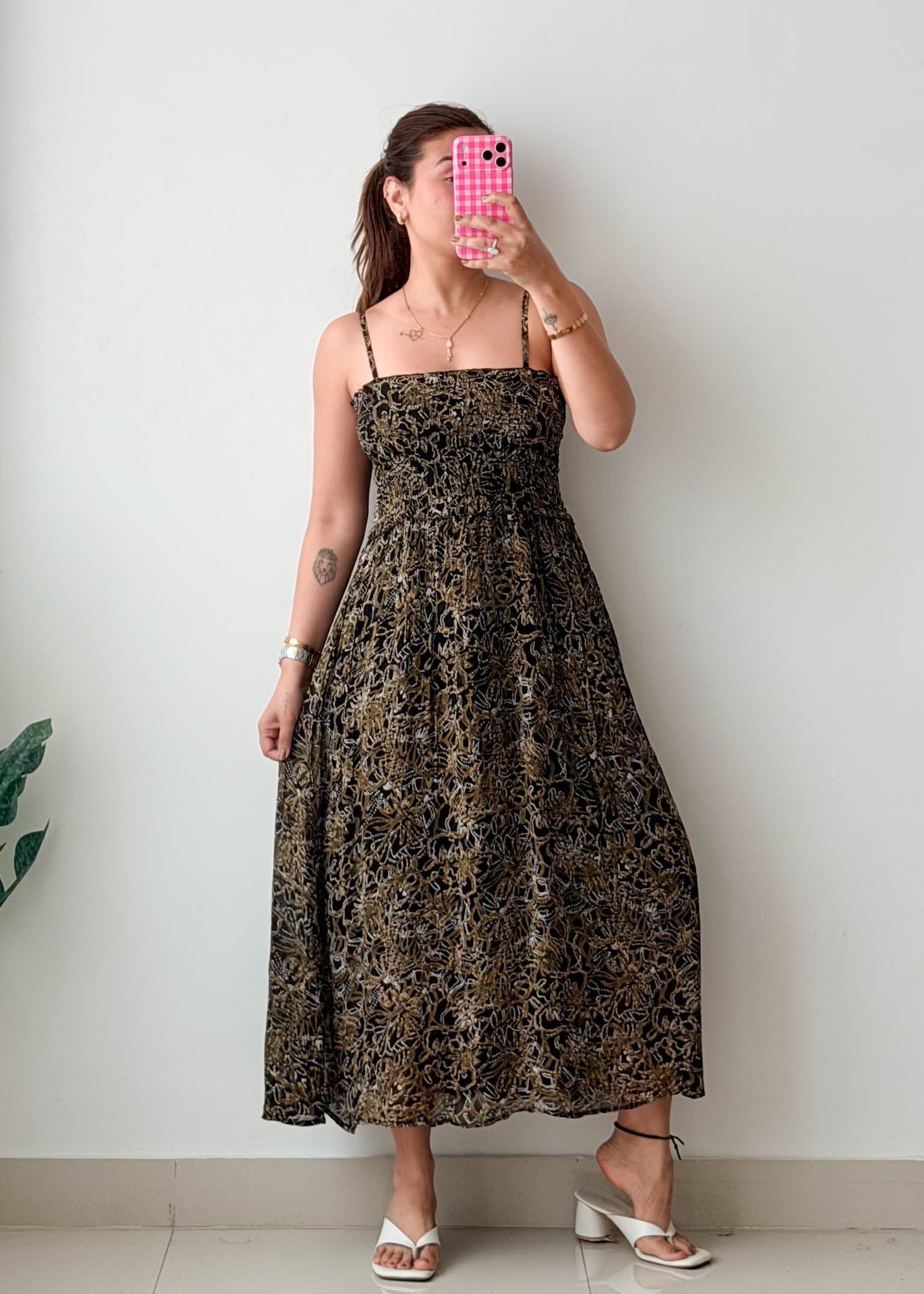 Size XS-S Black & Gold Printed Smocked Maxi Dress