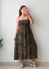Size XS-S Black & Gold Printed Smocked Maxi Dress