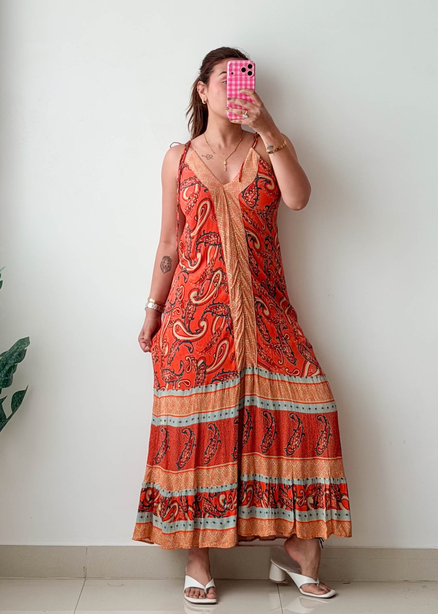 Size S-M Orange Paisley Print Maxi Dress