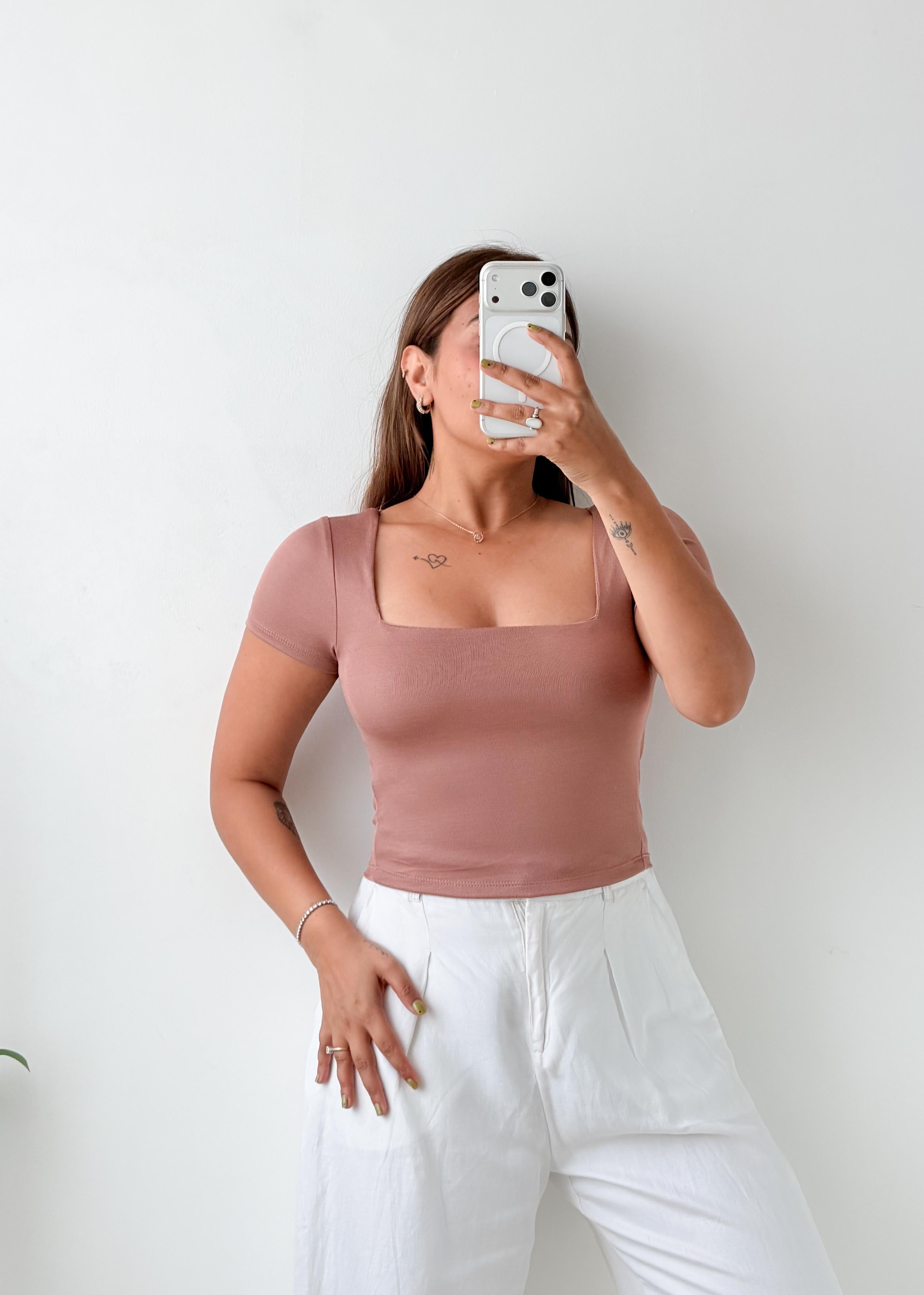 Size XS-S Dusty Rose Square Neck Top