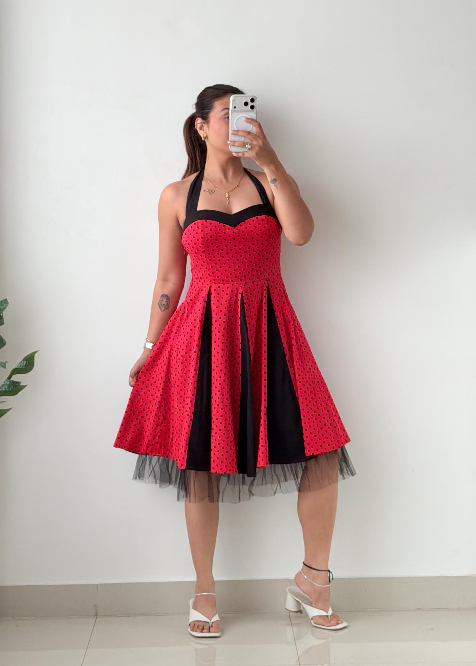 Size S-M Red & Black Polka Dot Fit & Flare Midi Dress