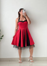 Size S-M Red & Black Polka Dot Fit & Flare Midi Dress