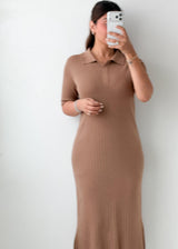 Size M-L Mocha Ribbed Polo Midi Dress