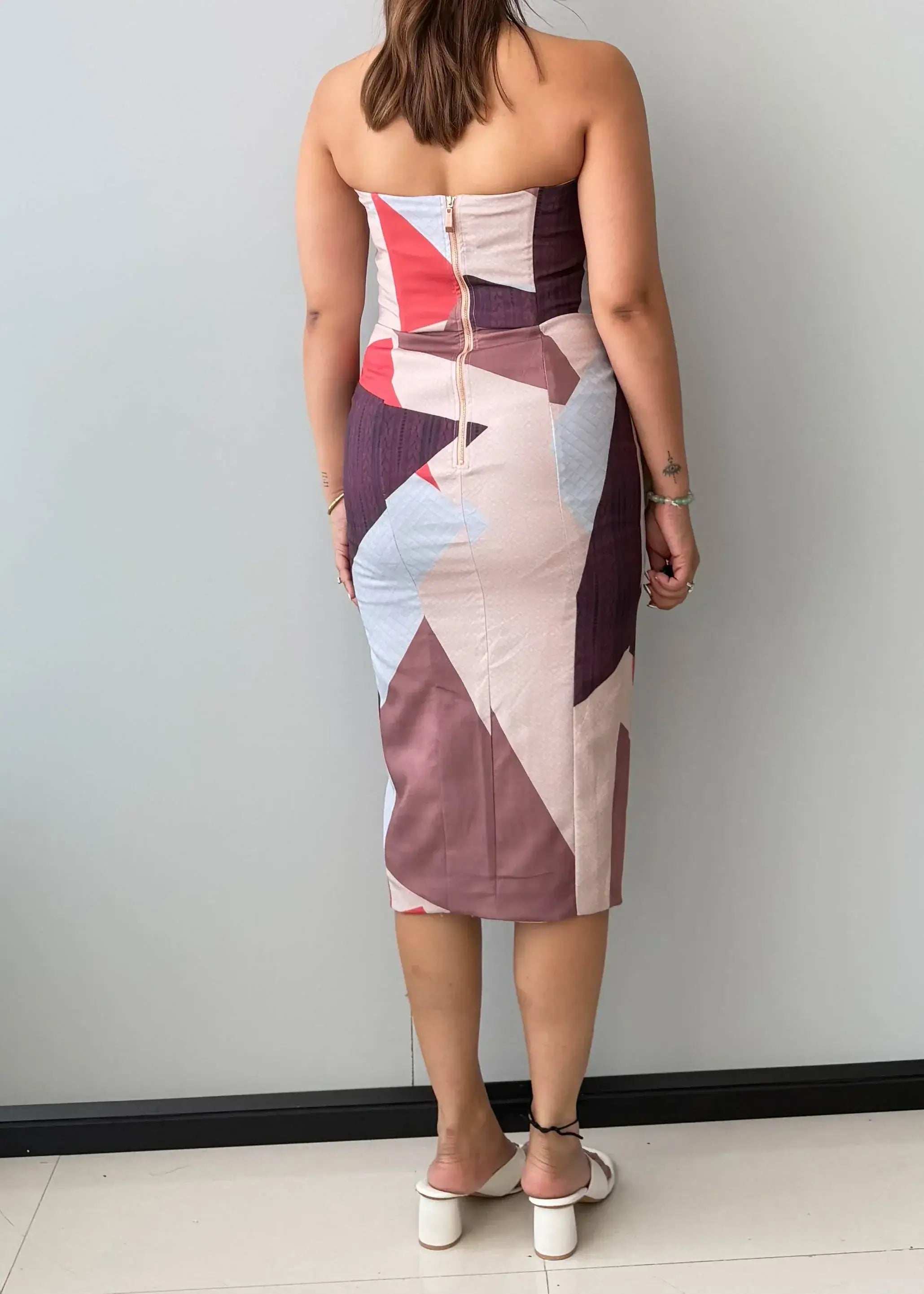 Size S-M, Abstract Print Asymmetrical Midi Dress - Closet by Payal