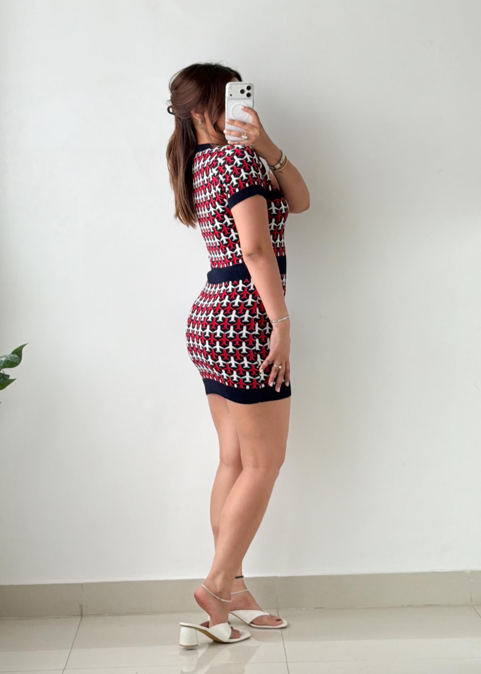 Size S-M Red & Black Geometric Knit Mini Dress
