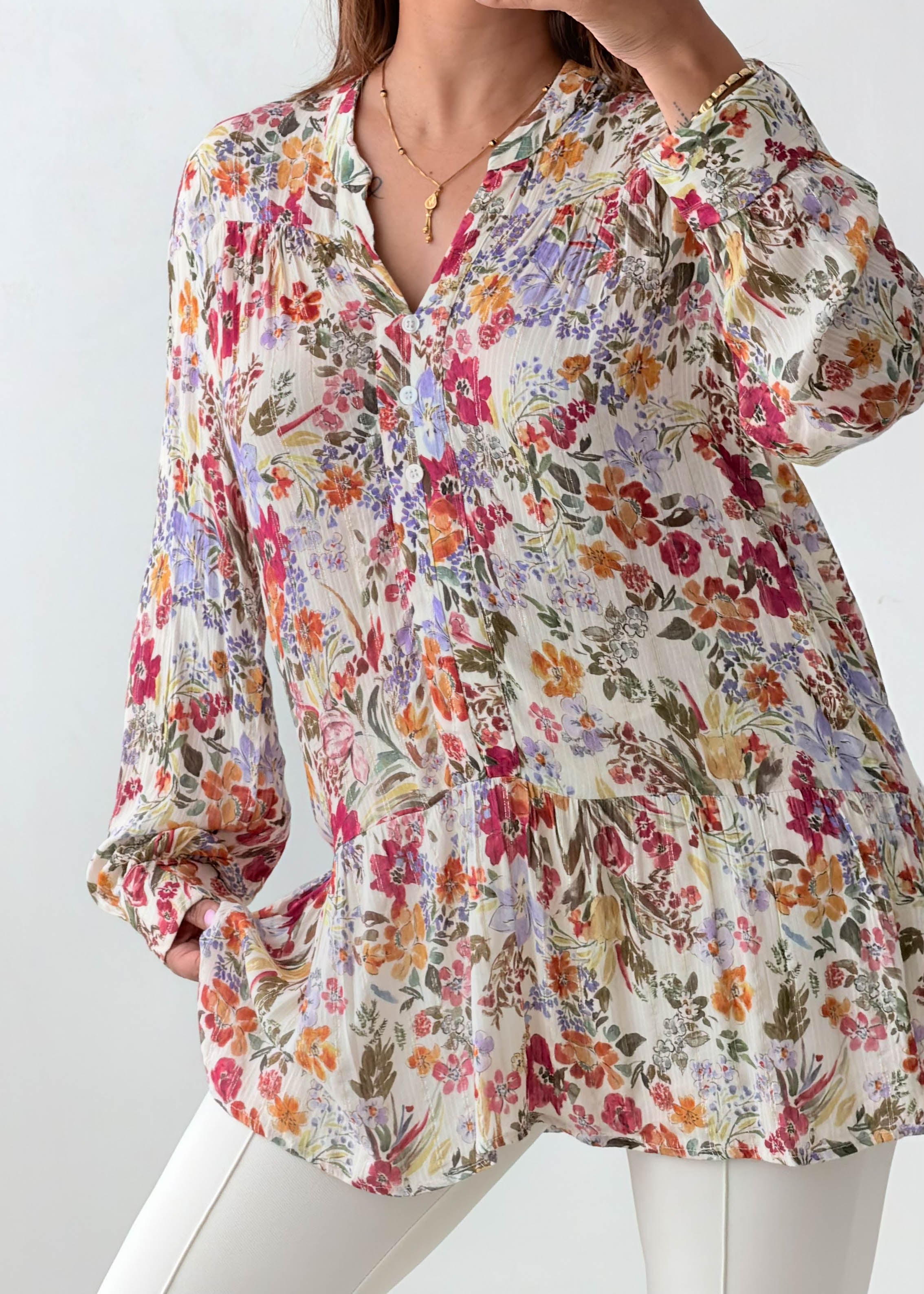 Size M-L White Floral Peplum Top