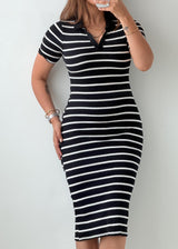 Size XS-S Black & White Striped Ribbed Knit Midi Dress