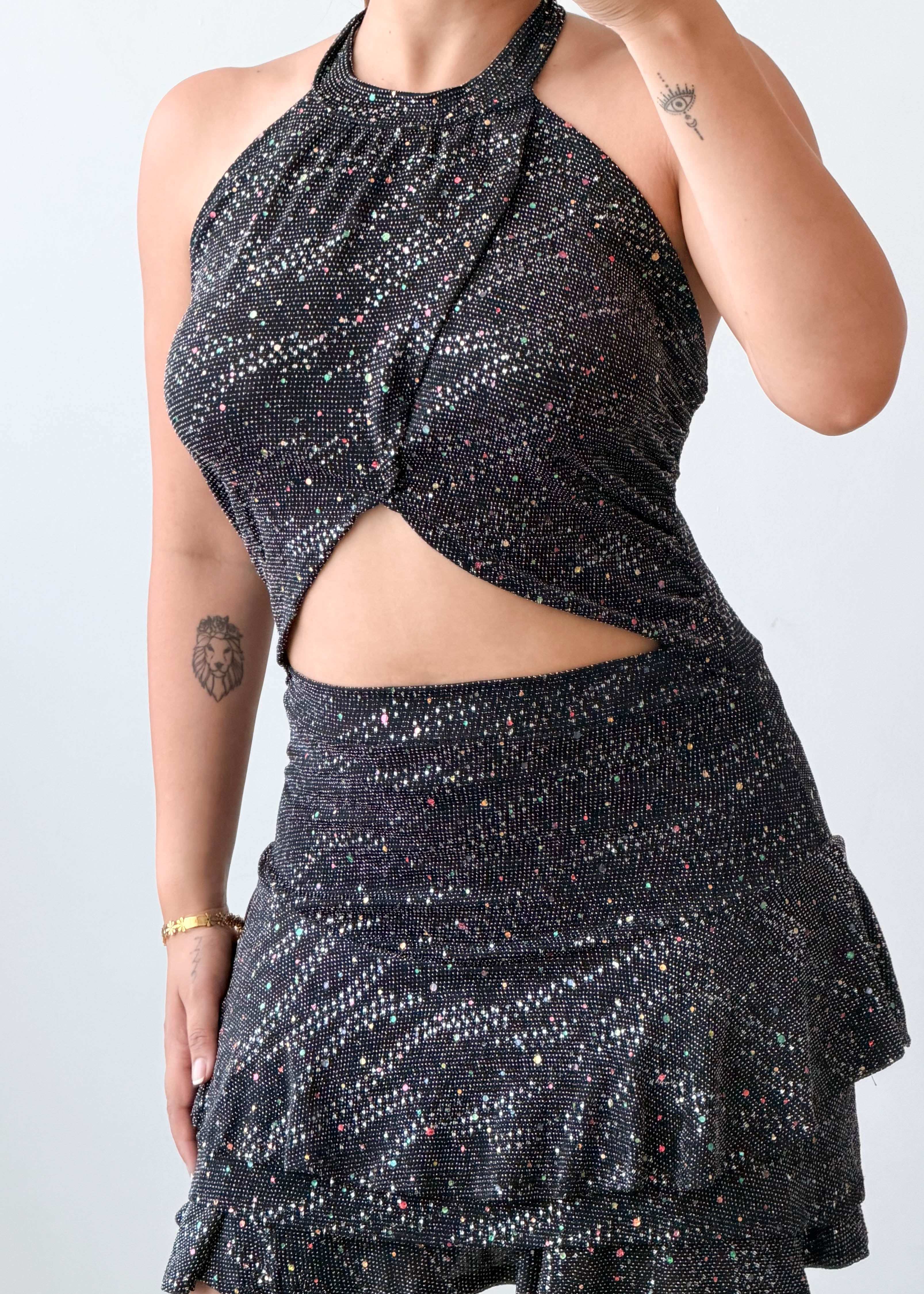 Size S-M Black Shimmer Cut-Out Party Dress