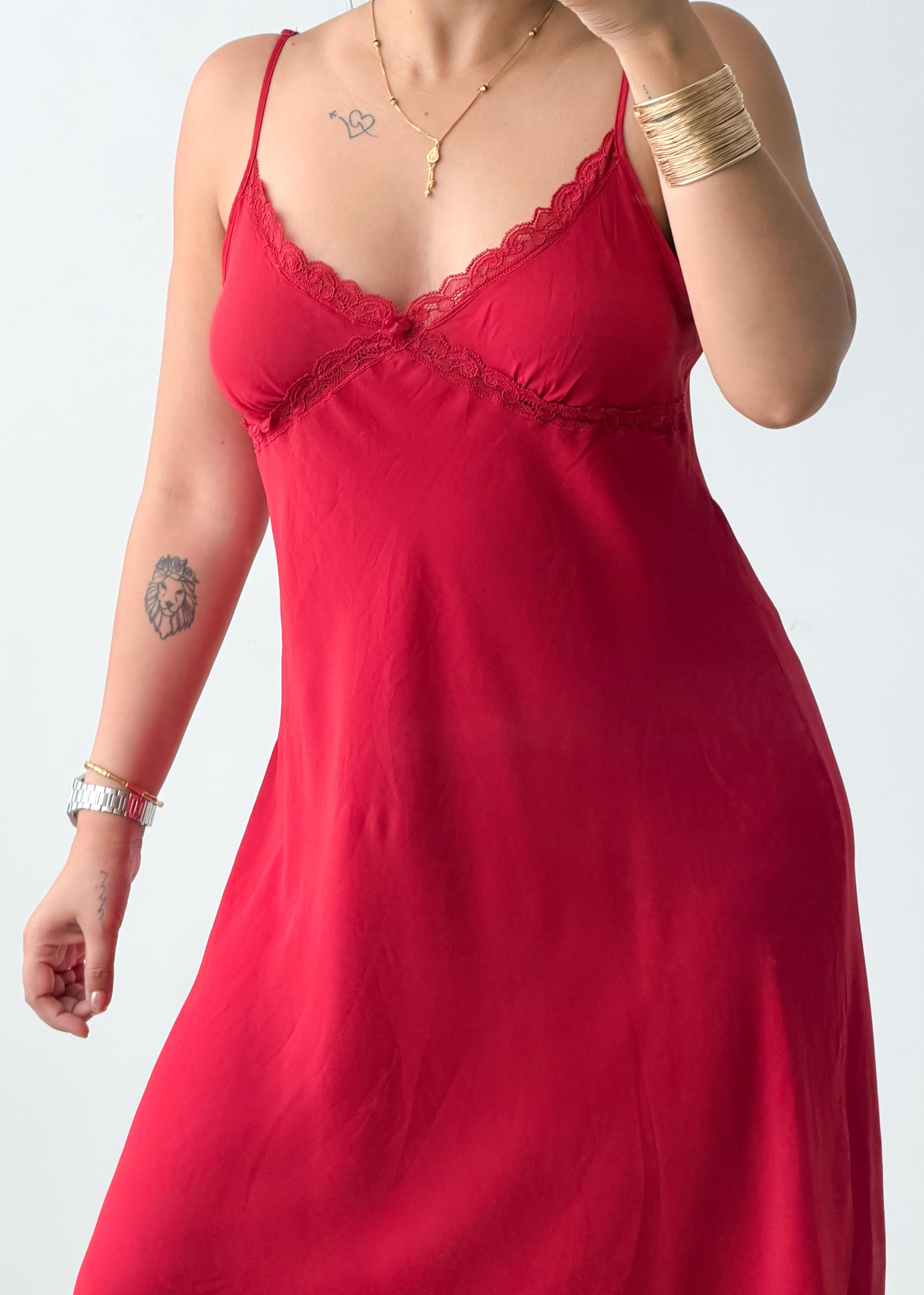 Size L Red Lace Trim Slip Midi Dress