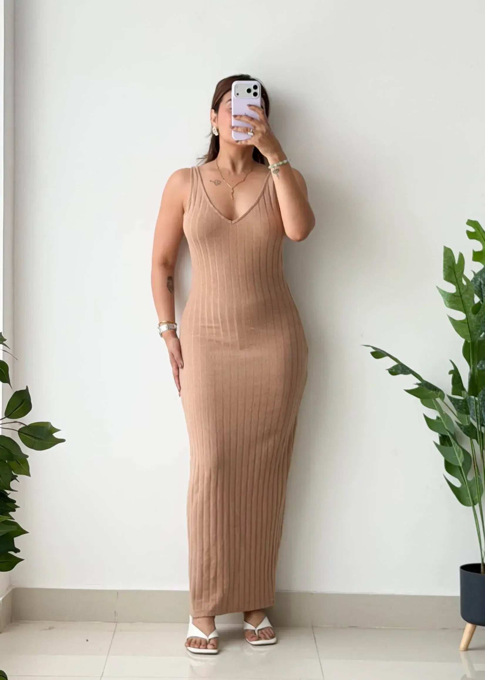 Size S-M, Beige V-Neck Ribbed Maxi Dress - Closet by Payal