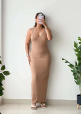 Size S-M, Beige V-Neck Ribbed Maxi Dress - Closet by Payal