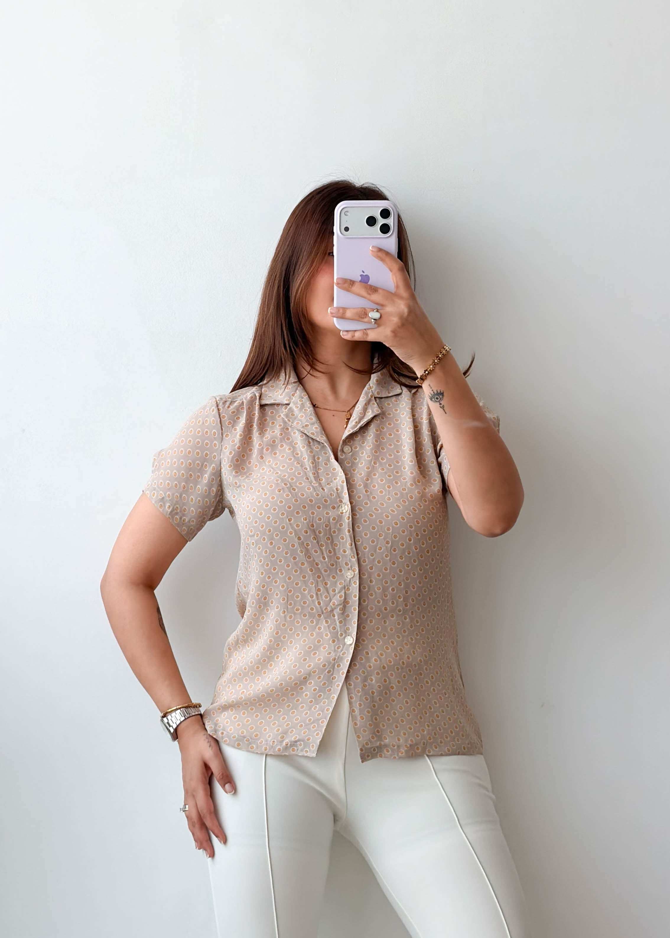 Size XS-S Beige Micro Print Shirt Top