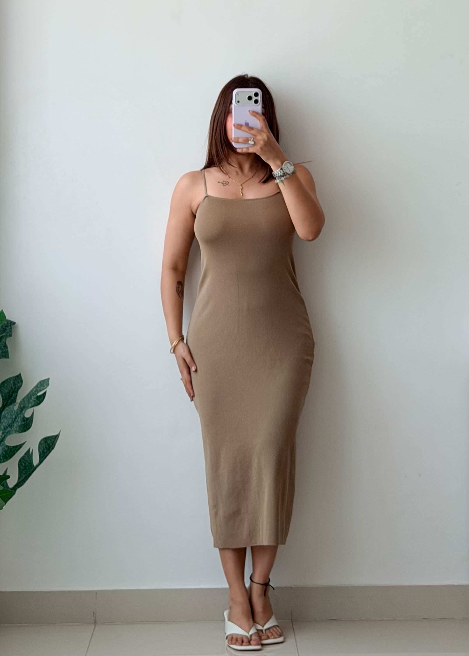 Size S-M Beige Ribbed Bodycon Midi Dress