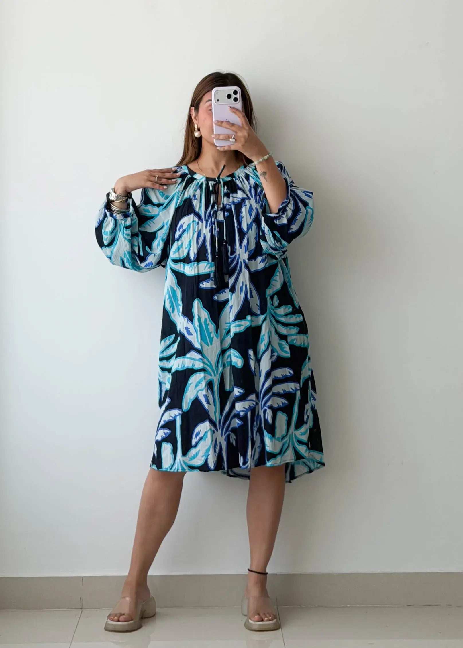 Size L-XL, Blue Abstract Print Flowy Dress