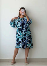 Size L-XL, Blue Abstract Print Flowy Dress