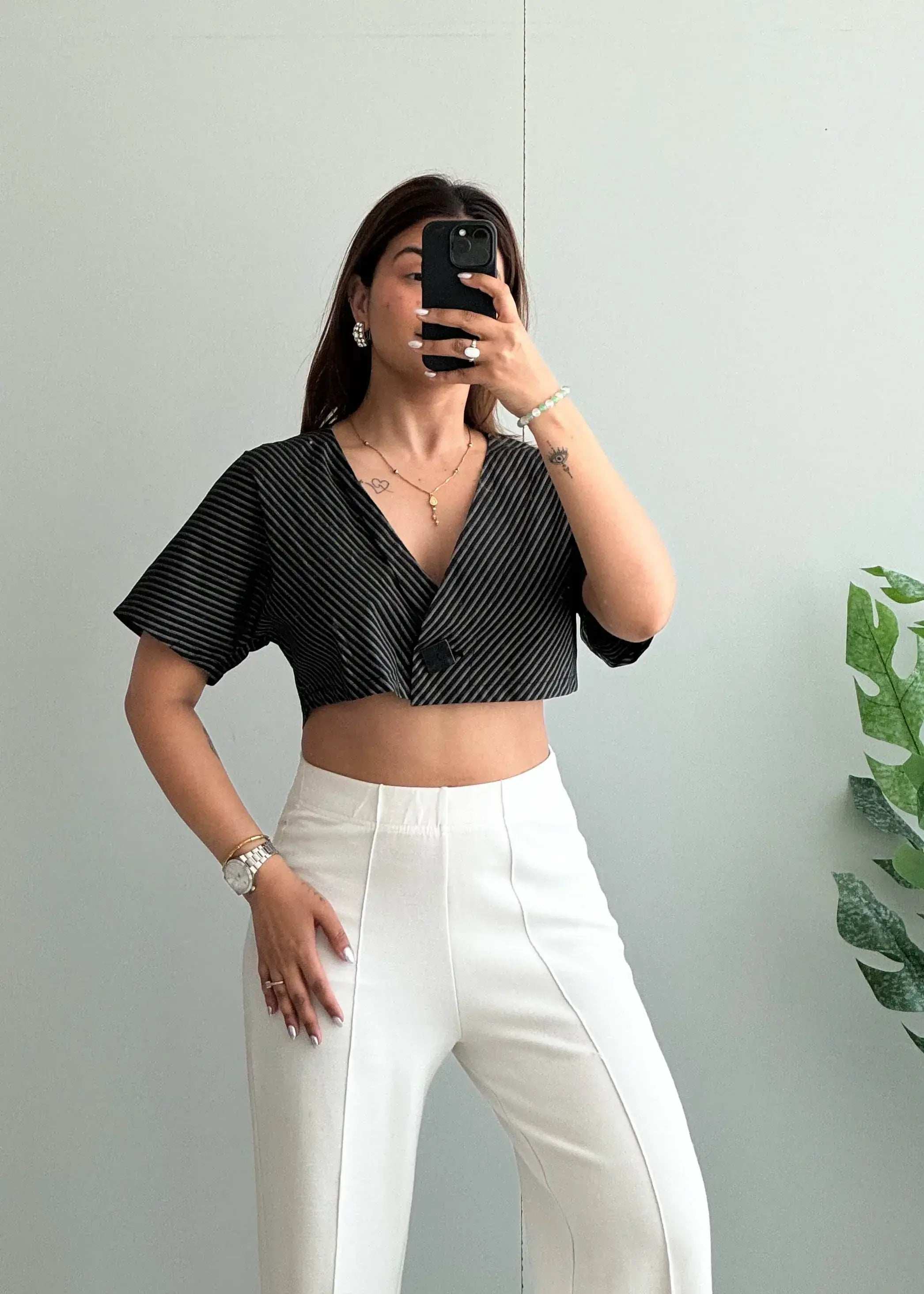 Size S-M, Black Striped V Neck Cropped Blouse - Closet by Payal