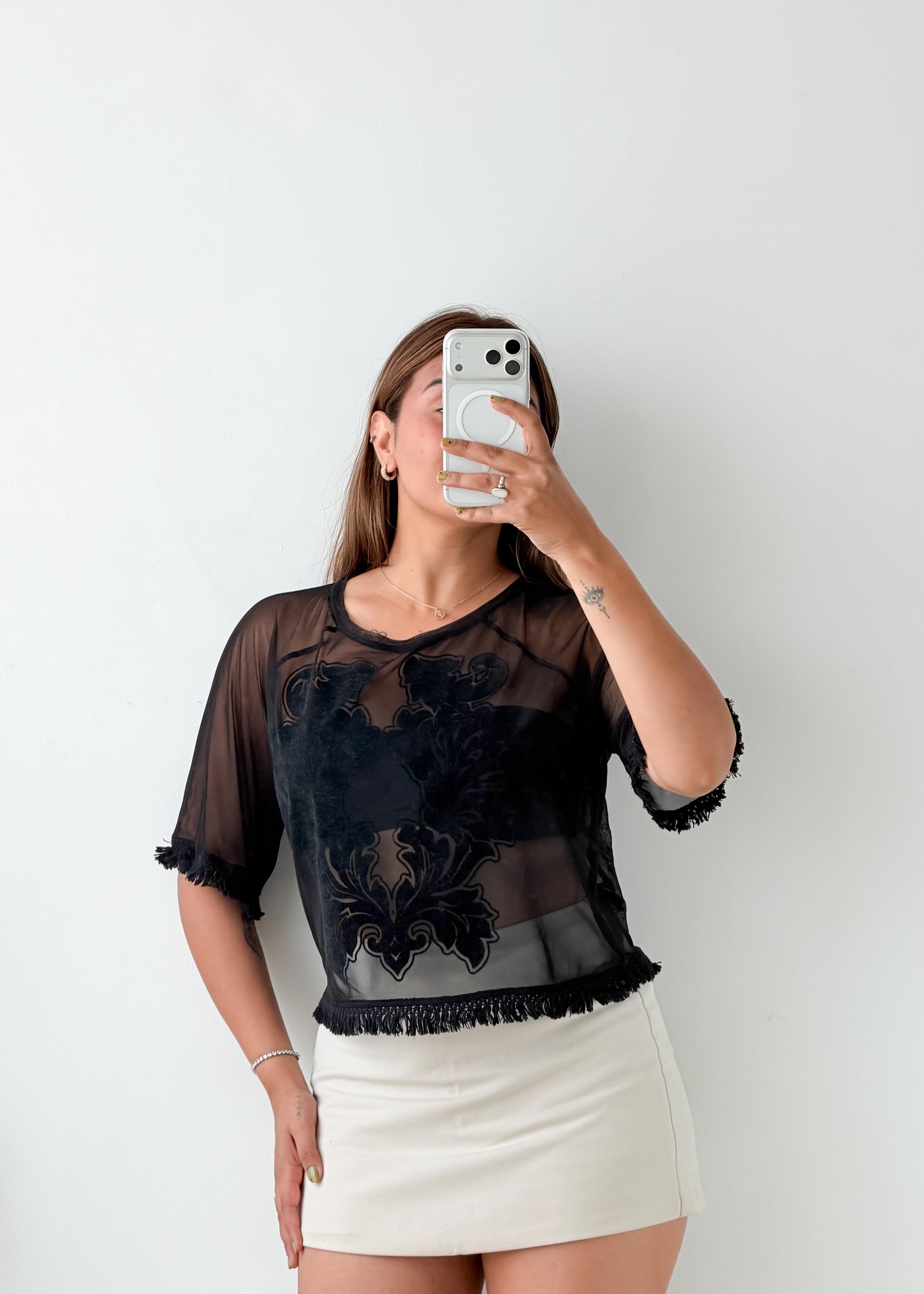 Size M-L Black Floral Sheer Top