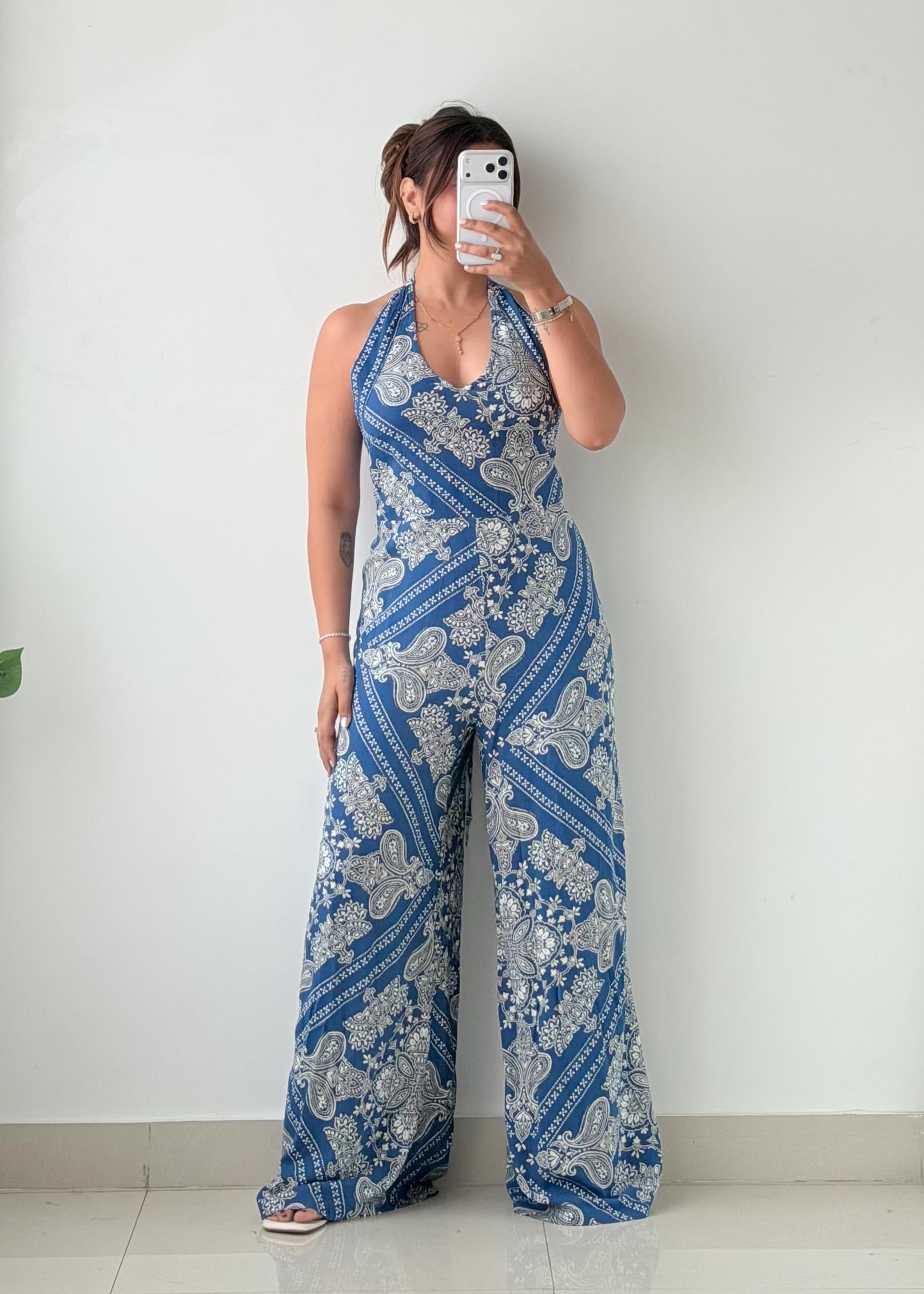 Size M-L Blue Paisley Print Halter wrap around Jumpsuit