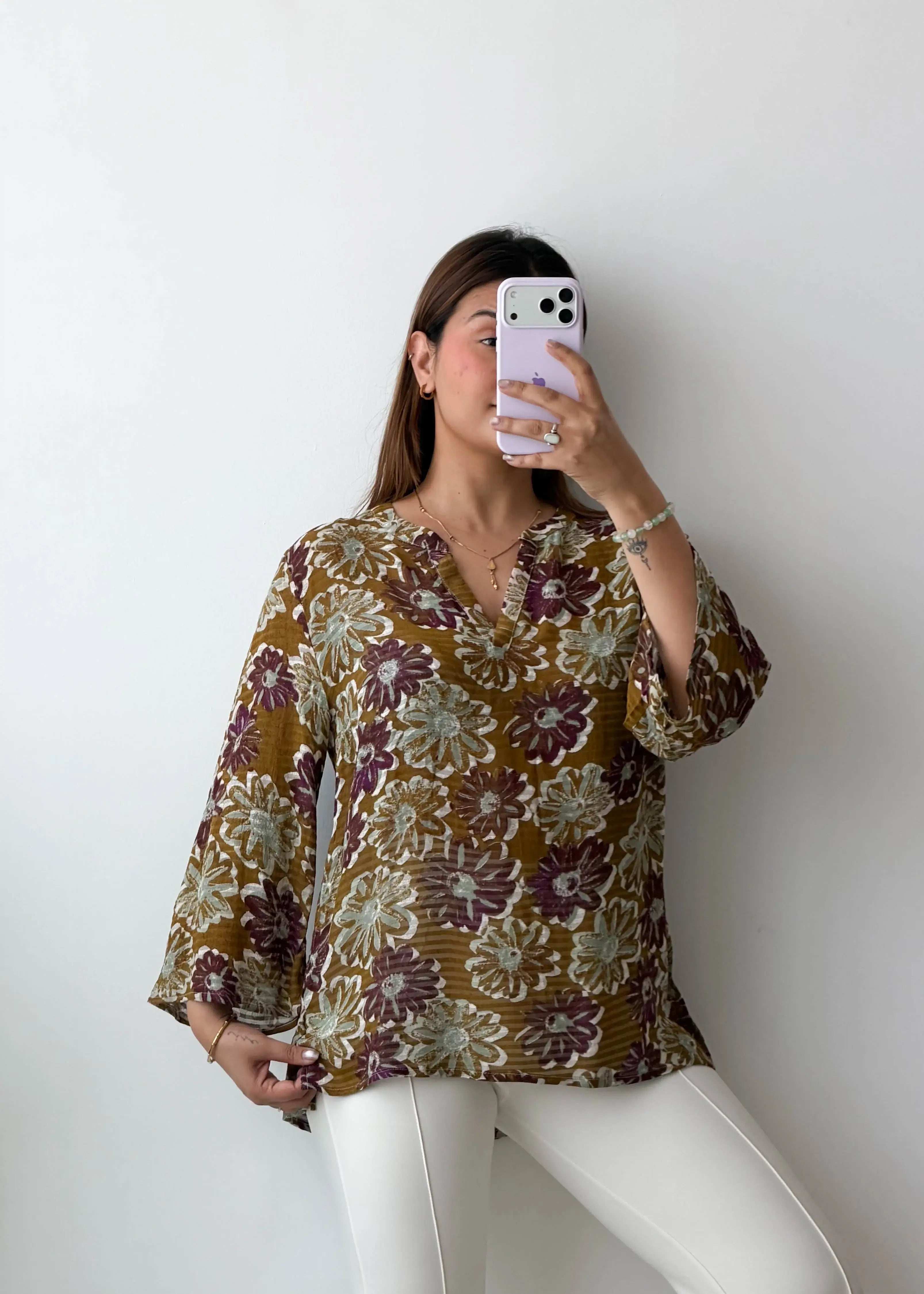 Size S-M / L-XL Brown Floral Relaxed Top