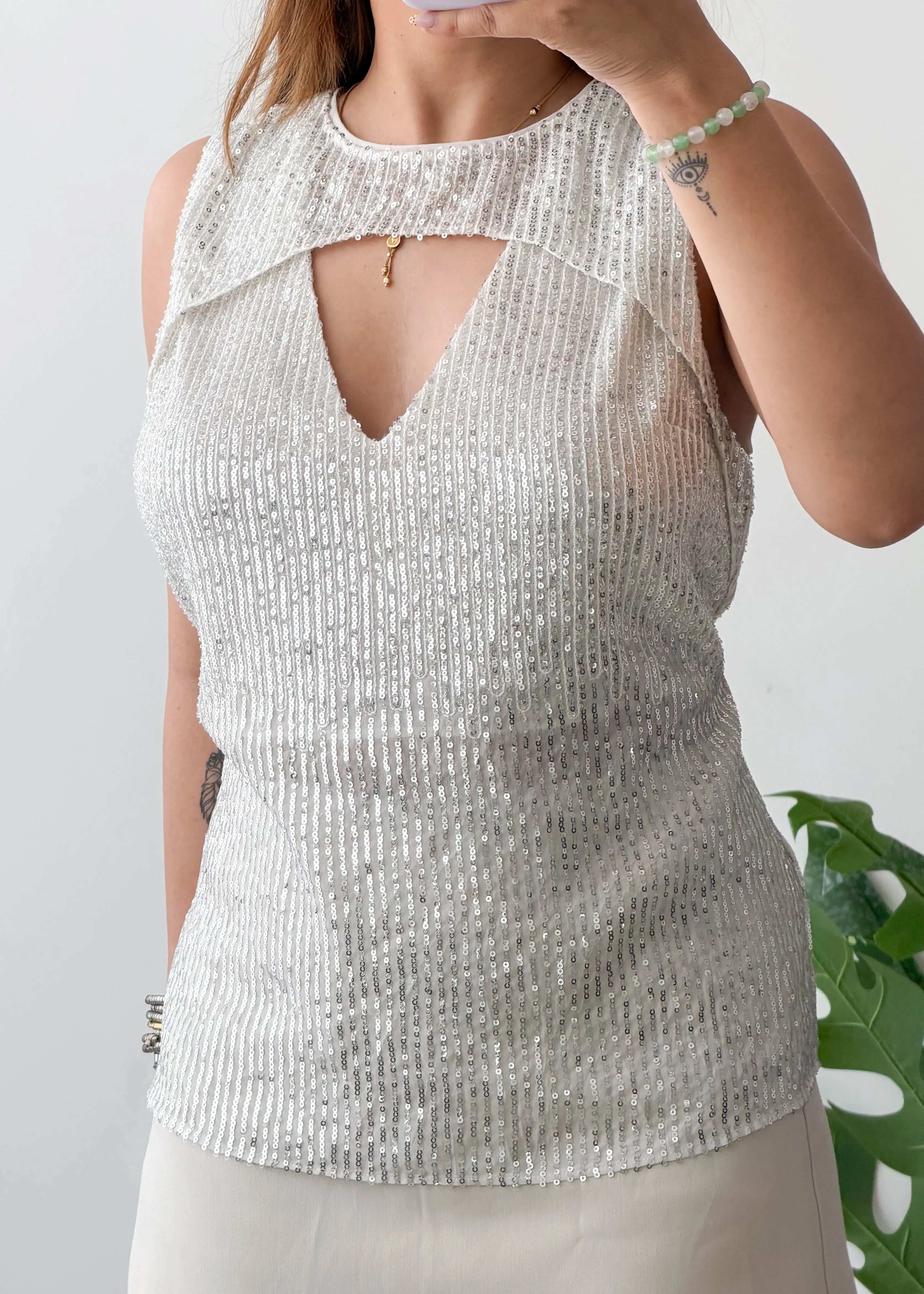 Size M-L, Silver Sequin Cut-Out Top
