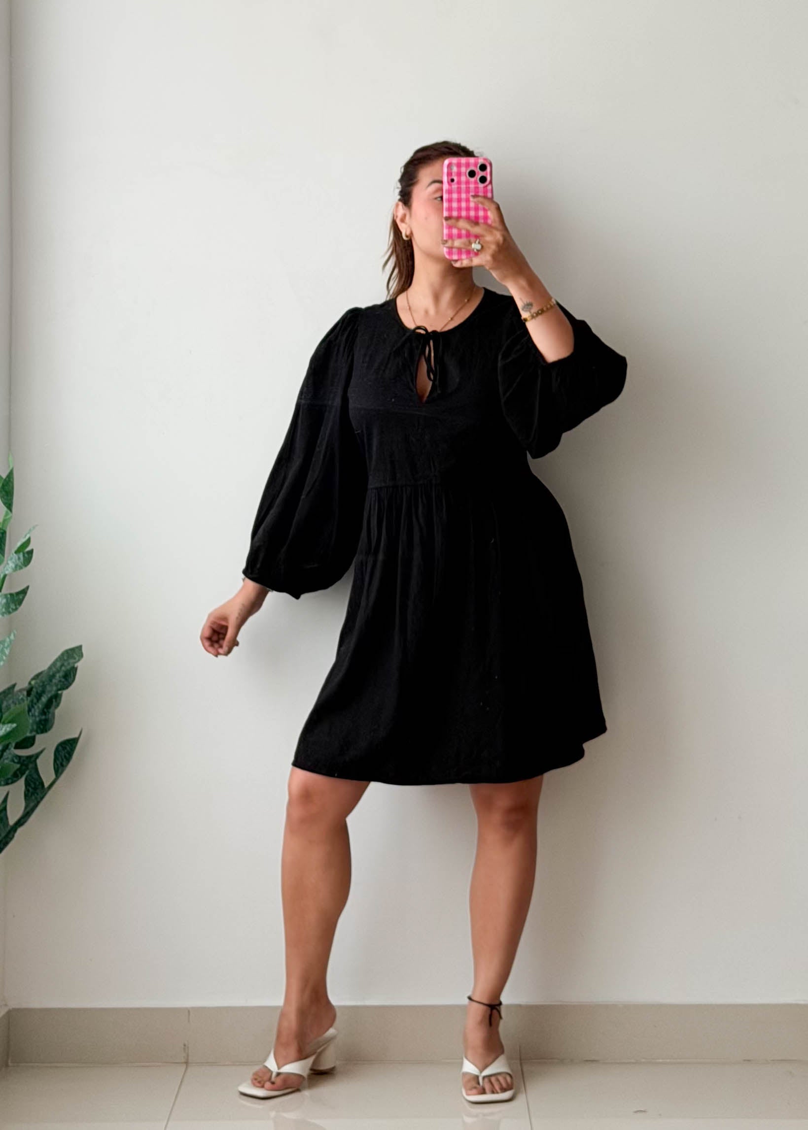 Size XL-2XL Black Tie-Neck Mini Dress