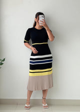 Size M-L Black Multicolor Striped Pleated Midi Dress