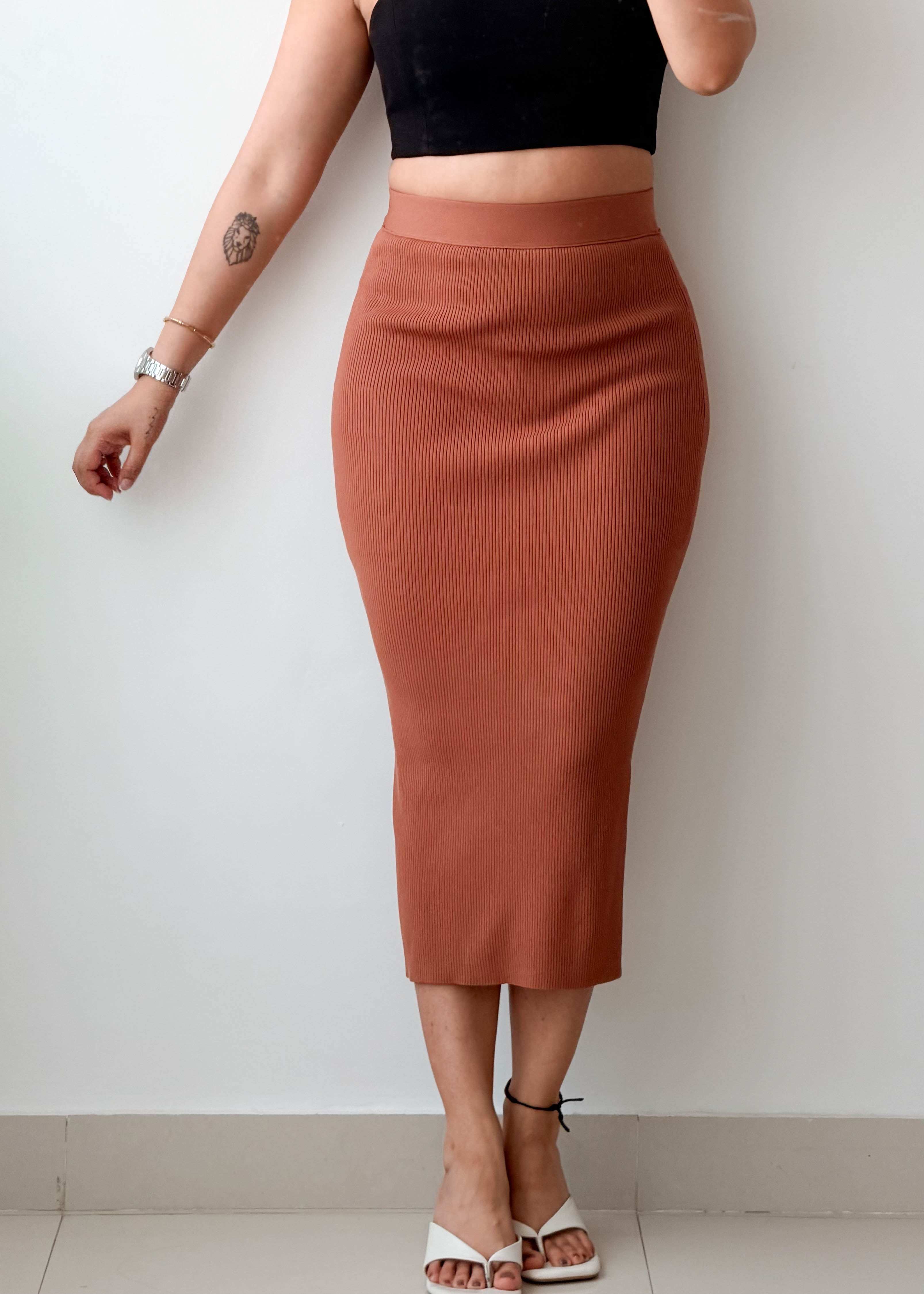 Waist 28-30 Brown Ribbed Midi Skirt