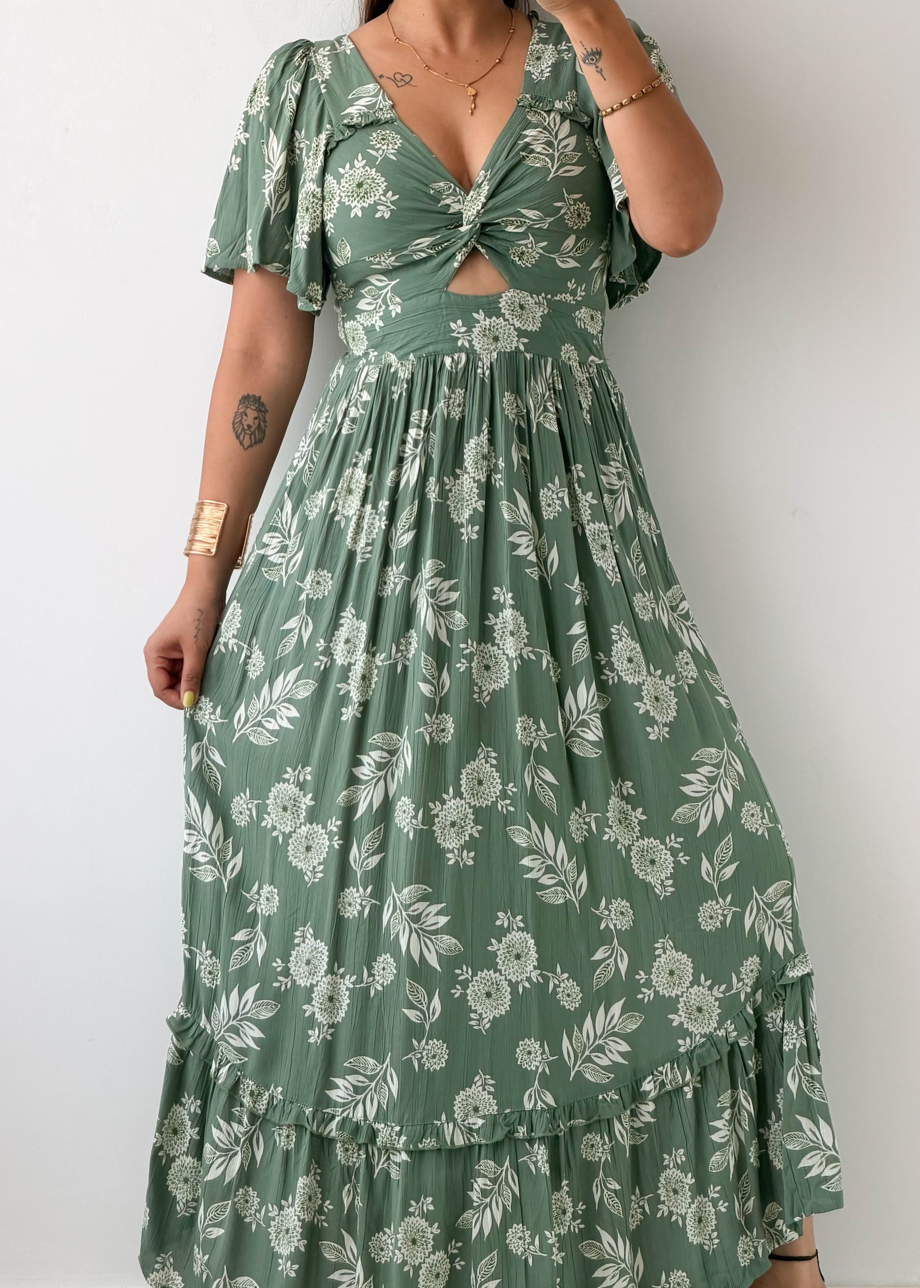 Size XS-S Sage Floral Cut-Out Maxi Dress